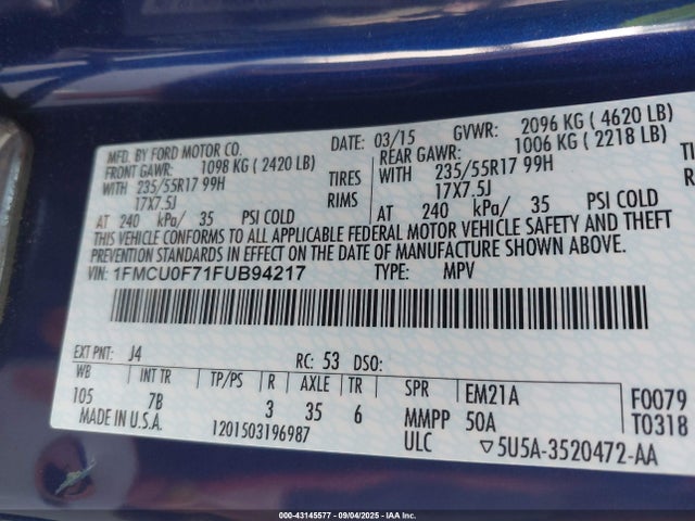 Ford Escape 2015 1FMCU0F71FUB94217 Image 9