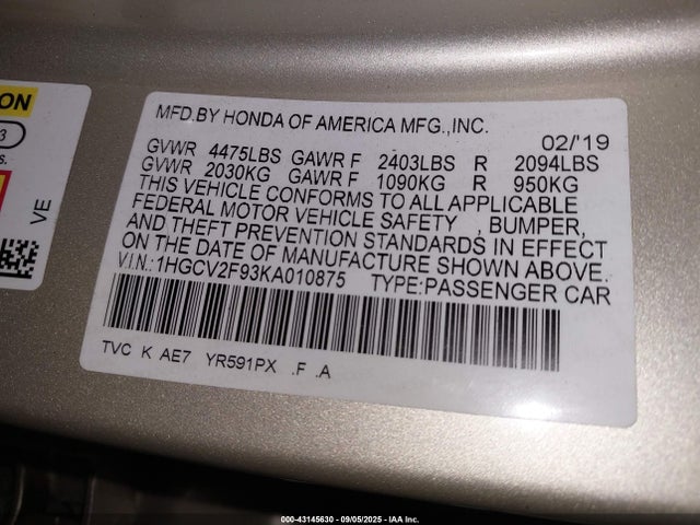 Honda k20c4 2019 1HGCV2F93KA010875 Image 9