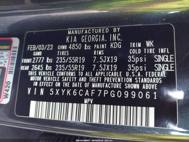 5XYK6CAF7PG099061 KIA gdi theta iii