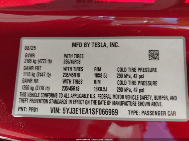 2025 TESLA MODEL 3 5YJ3E1EA1SF066969 Photo 8