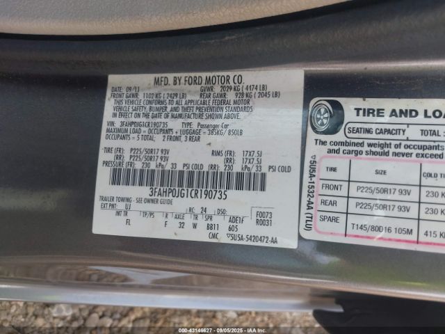 2012 FORD FUSION 3FAHP0JG1CR190735 Photo 8