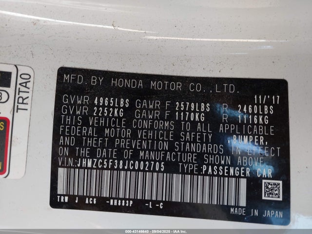 JHMZC5F38JC002705 Honda leb3(h4)