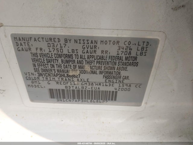 43146754 :رقم المزاد ، 3N1CN7AP3HL868627 vin ، 2017 Nissan Versa 1.6 Sv مزاد بيع
