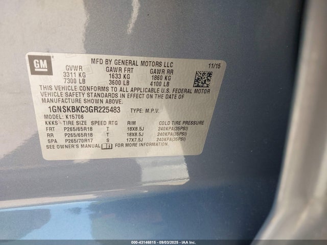 1GNSKBKC3GR225483 Chevrolet l83 - sidi, vvt, afm, e85 max, aluminum