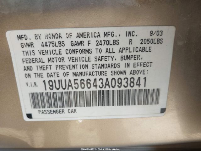 2003 ACURA TL 19UUA56643A093841 Photo 8