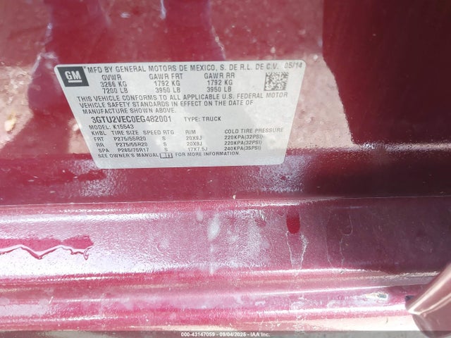 43147059 :رقم المزاد ، 3GTU2VEC0EG482001 vin ، 2014 Gmc Sierra 1500 Slt مزاد بيع