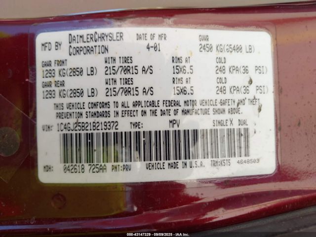 2001 CHRYSLER VOYAGER 1C4GJ25B21B219372 Photo 8