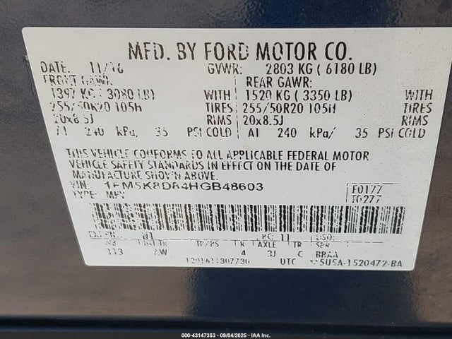 1FM5K8D84HGB48603 Ford 3.5l ti-vct
