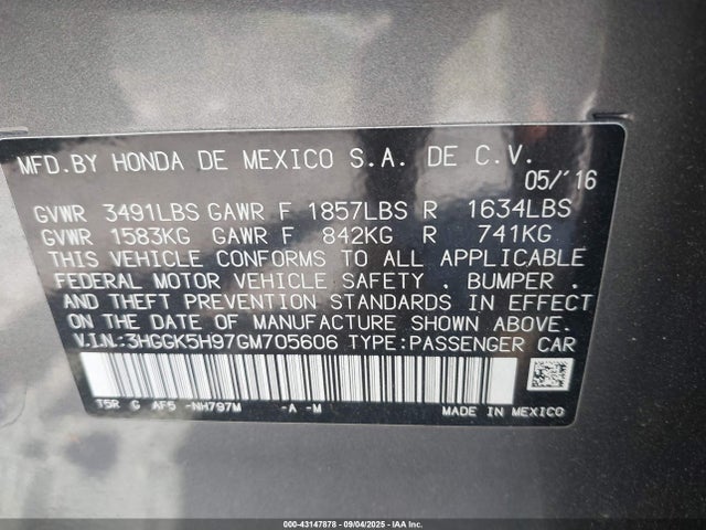 2016 Honda Fit Ex-l მანქანა იყიდება აუქციონზე, vin: 3HGGK5H97GM705606, აუქციონის ნომერი: 43147878