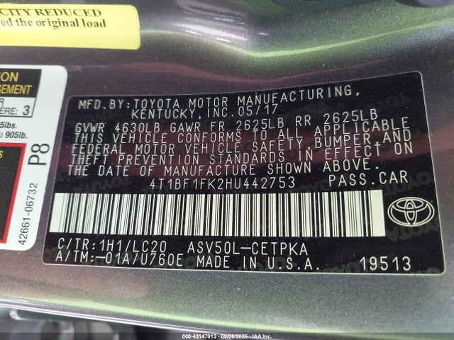 4T1BF1FK2HU442753 Toyota 2ar-fe