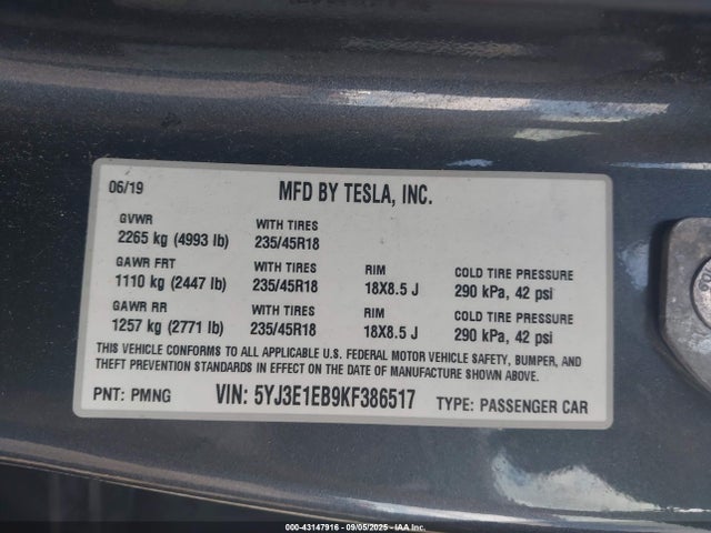 5YJ3E1EB9KF386517 Tesla MODEL 3