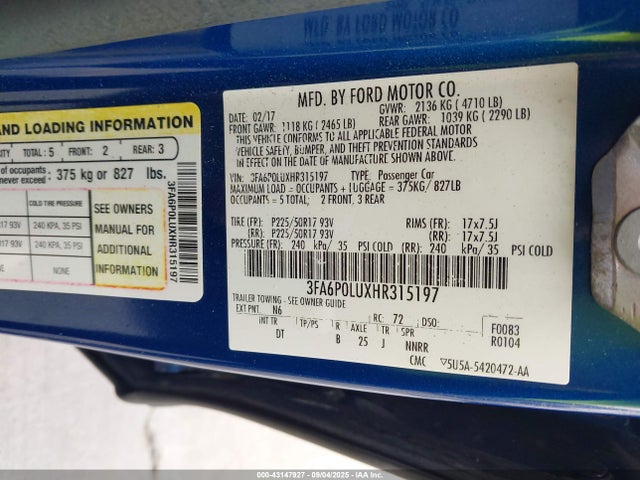 3FA6P0LUXHR315197 Ford Fusion Hybrid Se