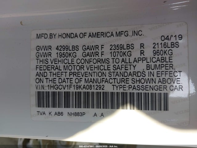 Honda l15be 2019 1HGCV1F19KA081292 Image 9