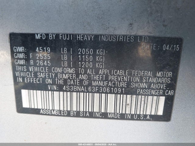 Subaru 2.5l u5 2015 4S3BNAL63F3061091 Image 9