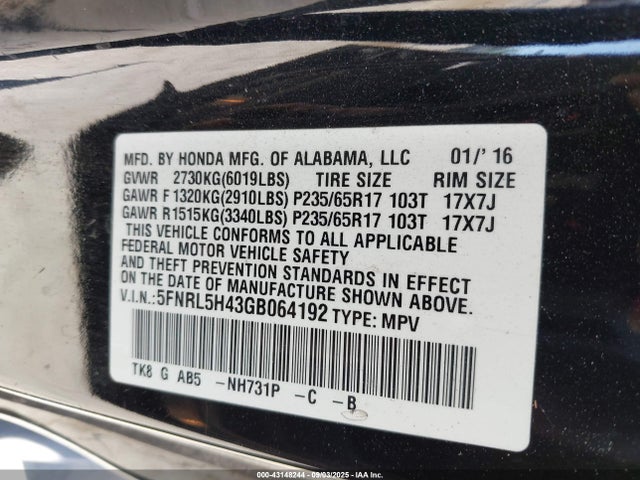 Honda j35z8 2016 5FNRL5H43GB064192 Image 9