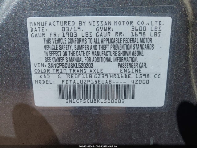 3N1CP5CU8KL520203 Nissan 2019