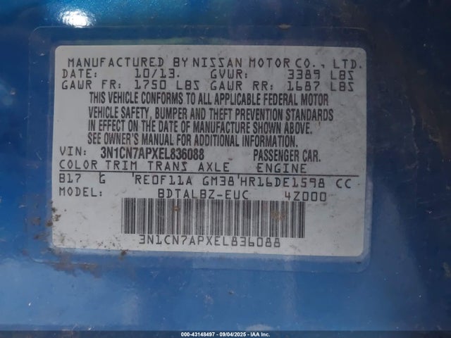 3N1CN7APXEL836088 Nissan Versa
