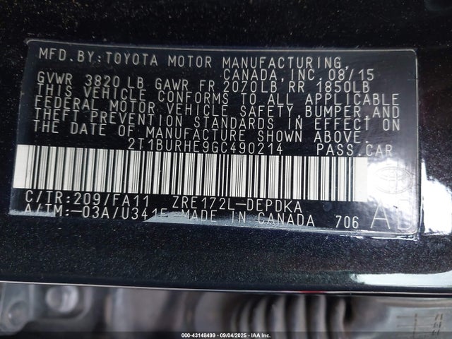 Продажа на аукционе авто 2016 Toyota Corolla L, vin: 2T1BURHE9GC490214, номер лота: 43148499