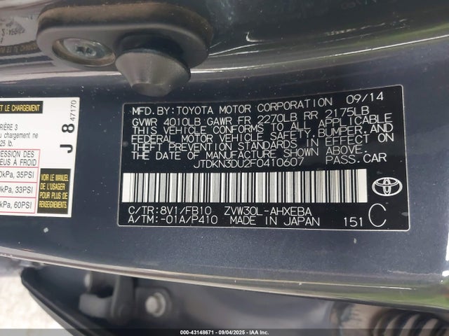 Toyota 2zr-fxe+3jm 2015 JTDKN3DU2F0410607 Image 9