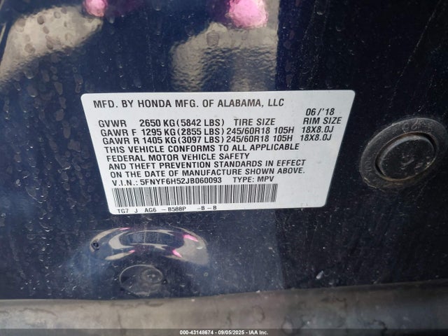 Honda j35y6 2018 5FNYF6H52JB060093 Image 9