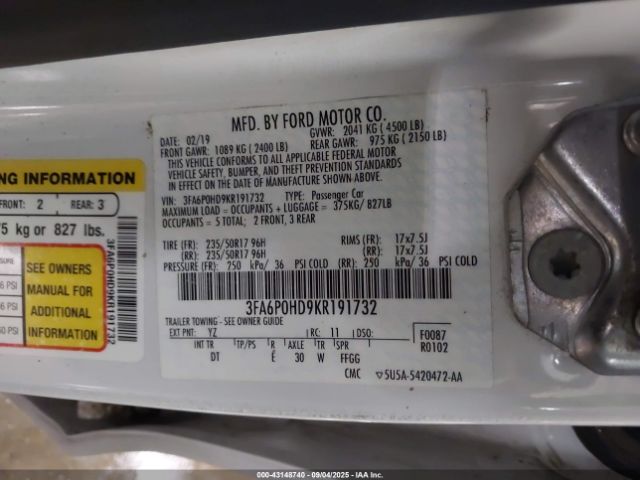 2019 FORD FUSION 3FA6P0HD9KR191732 Photo 8