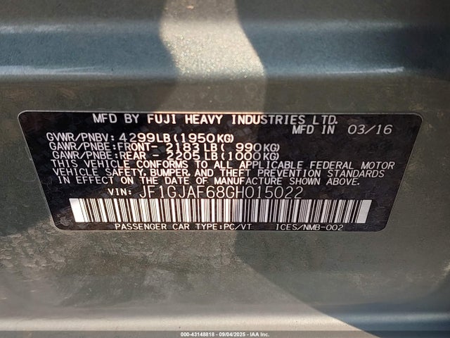 JF1GJAF68GH015022 Subaru 2.0l na