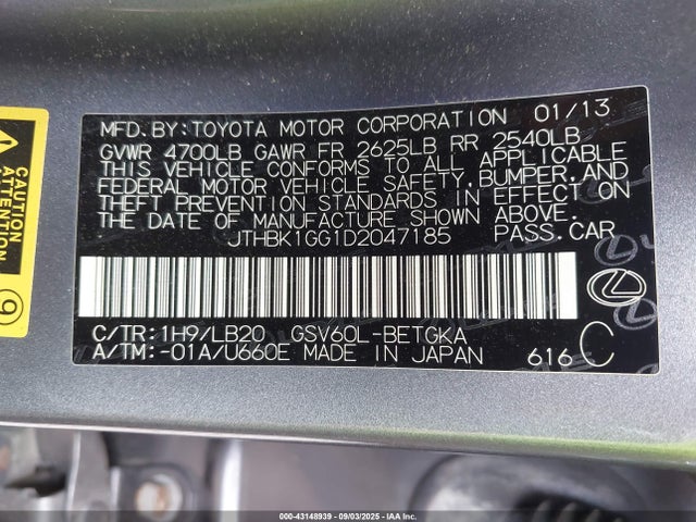 Auction sale of the 2013 Lexus Es 350, vin: JTHBK1GG1D2047185, lot number: 43148939
