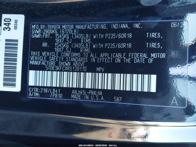 5TDESKFCXRS139110 Toyota a25a-fxs