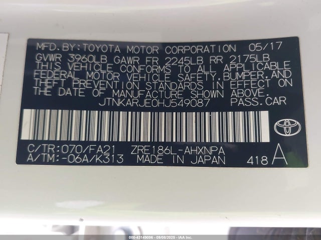 JTNKARJE0HJ549087 Toyota 2zr-fae
