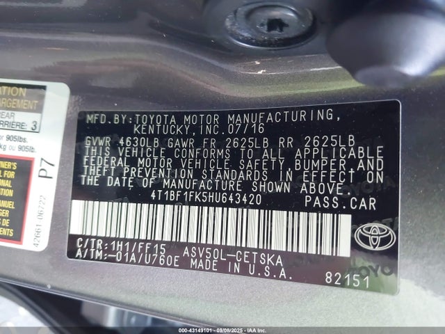 Toyota 2ar-fe 2017 4T1BF1FK5HU643420 Image 9