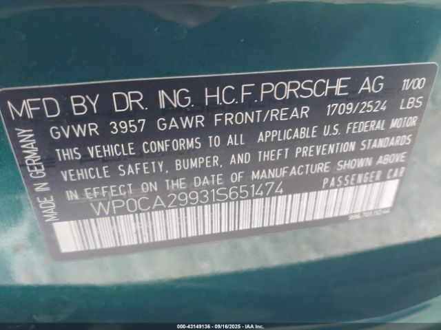 2001 PORSCHE 911 WP0CA29931S651474 Photo 8