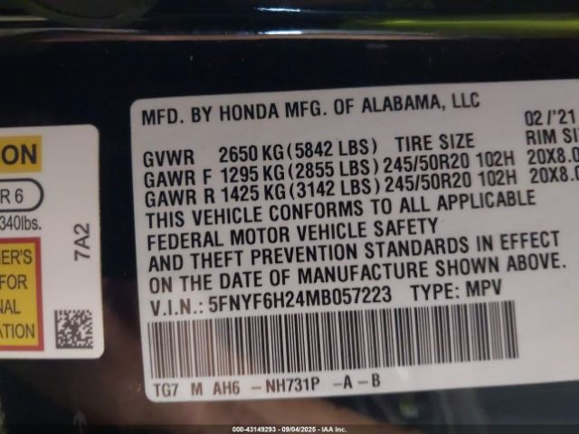 2021 HONDA PILOT 5FNYF6H24MB057223 Photo 8