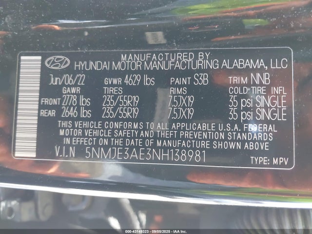 5NMJE3AE3NH138981 Hyundai gdi theta iii