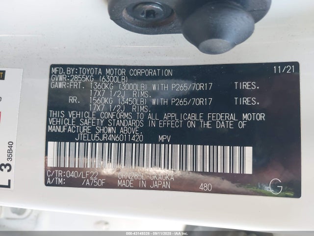 JTELU5JR4N6011420 Toyota 1gr-fe