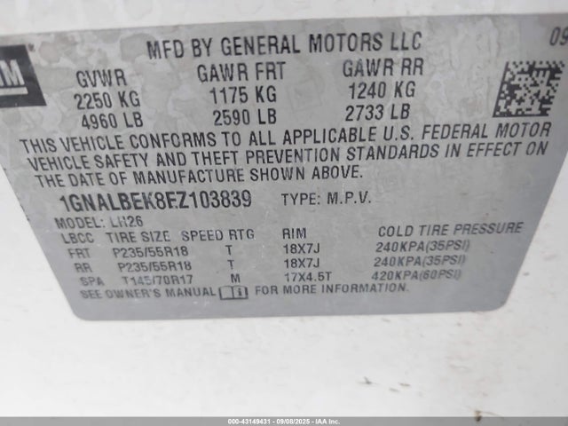 1GNALBEK8EZ103839 Chevrolet lea - flex fuel (gas/alc), aluminum, high output