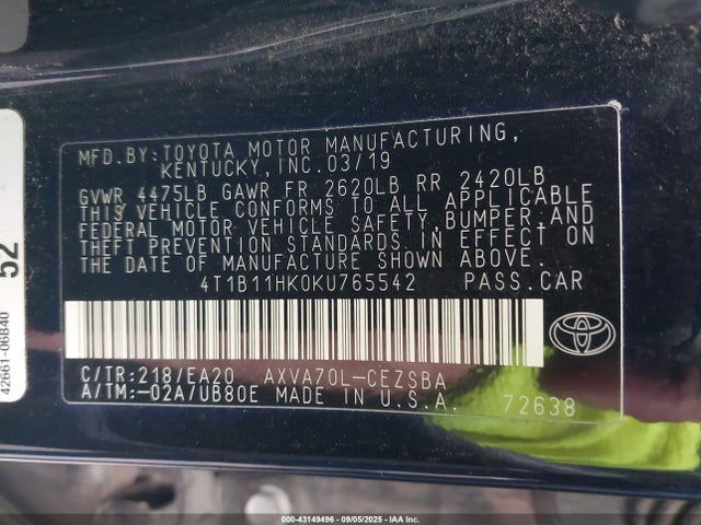 4T1B11HK0KU765542 Toyota CAMRY SE