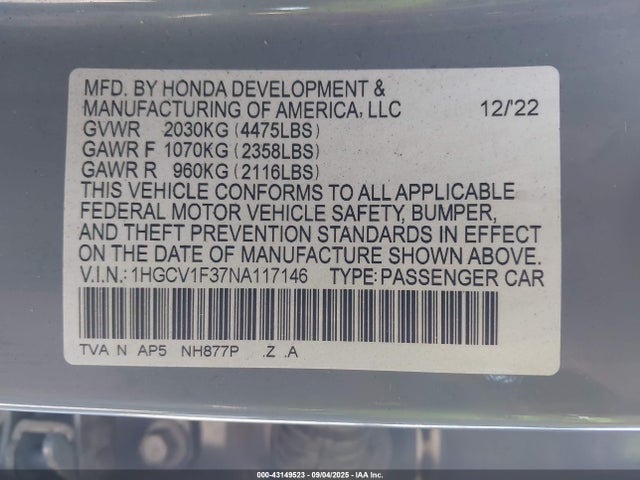 1HGCV1F37NA117146 Honda Accord Sport