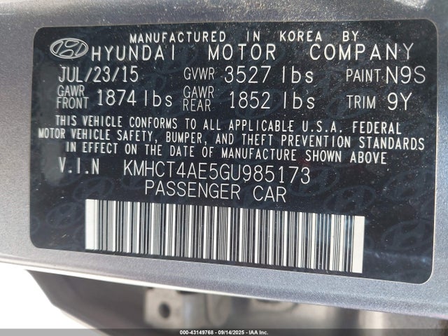 Hyundai dohc gdi gamma 2016 KMHCT4AE5GU985173 Image 9