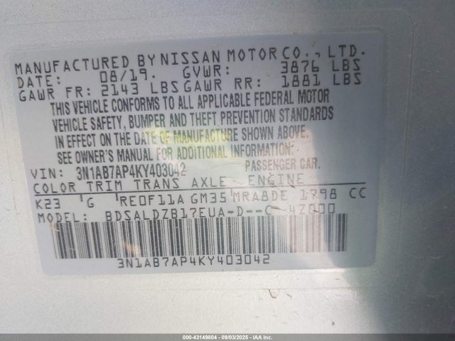 3N1AB7AP4KY403042 Nissan SENTRA SV