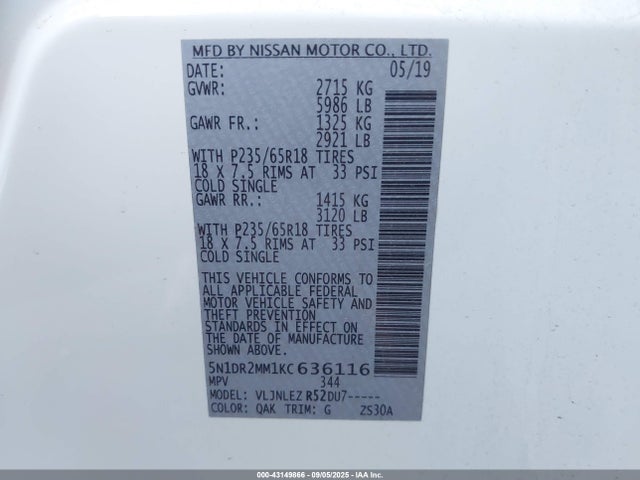 5N1DR2MM1KC636116 Nissan Pathfinder