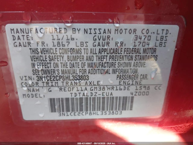 43149907 :رقم المزاد ، 3N1CE2CP8HL353803 vin ، 2017 Nissan Versa Note Sv مزاد بيع