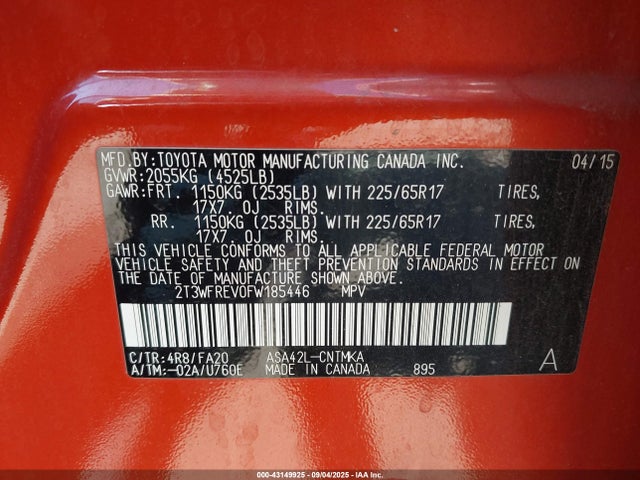 Toyota 2ar-fe 2015 2T3WFREV0FW185446 Image 9