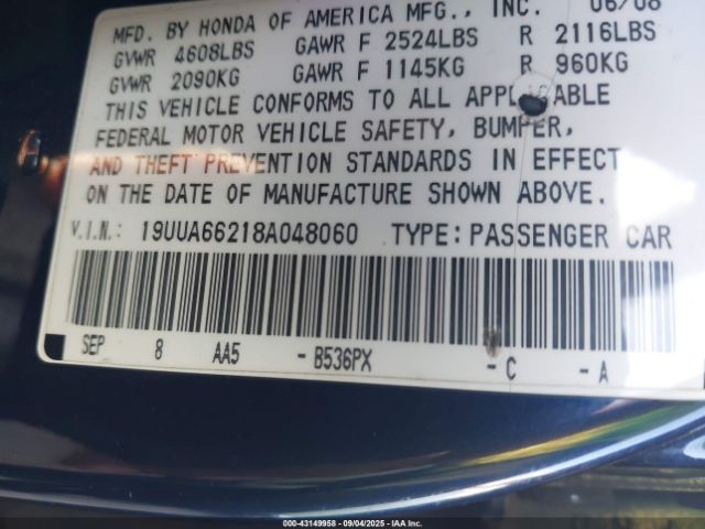 2008 ACURA TL 19UUA66218A048060 Photo 8
