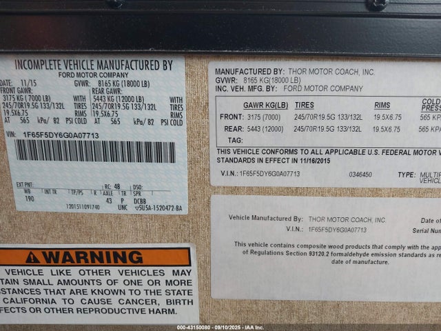 1F65F5DY6G0A07713 Ford 6.8l 3v; 362 Hp @ 4750rpm