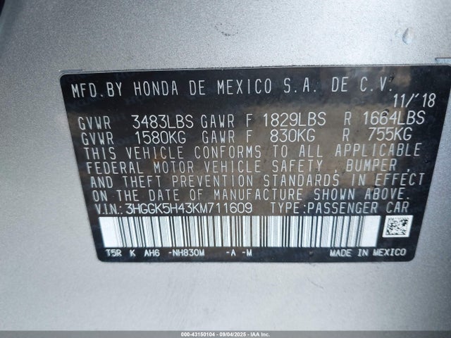 3HGGK5H43KM711609 Honda l15b1