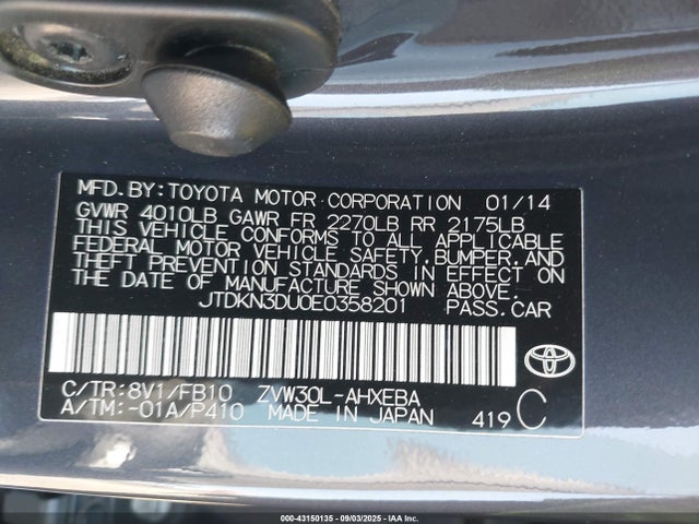 JTDKN3DU0E0358201 Toyota 2zr-fxe+3jm