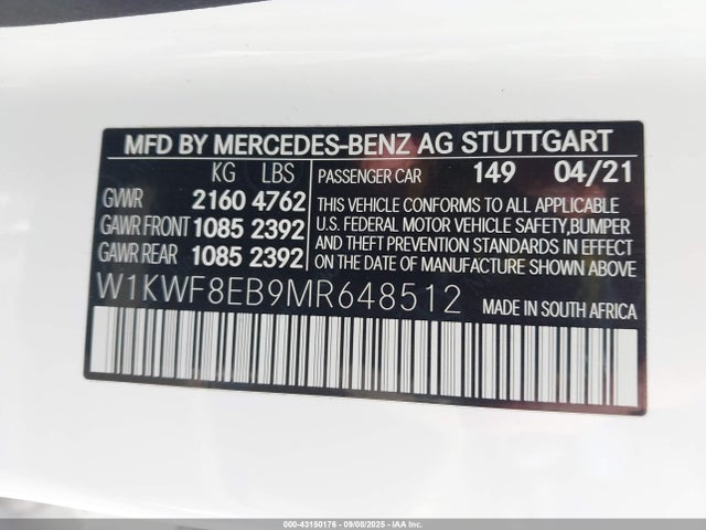 Aukcja sprzedaży 2021 Mercedes-benz C 300 4matic, vin: W1KWF8EB9MR648512, numer aukcji: 43150176