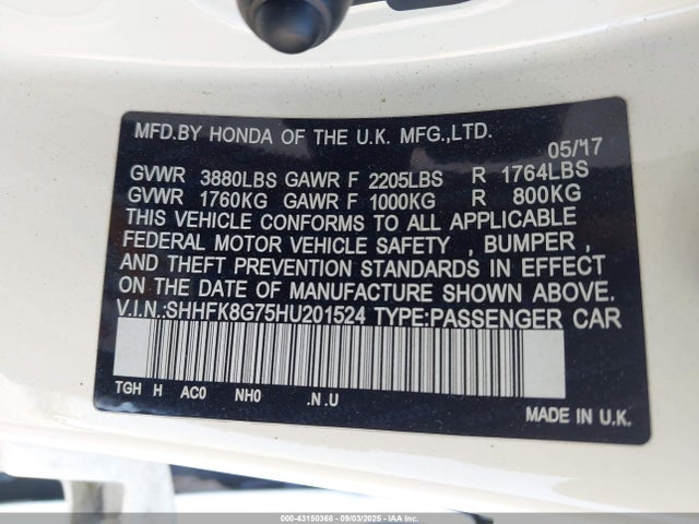 SHHFK8G75HU201524 Honda k20c1