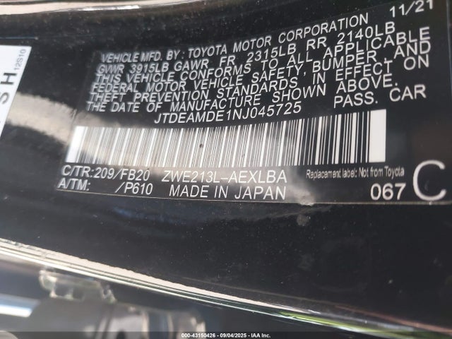 JTDEAMDE1NJ045725 Toyota 2zr-fxe, 1nm