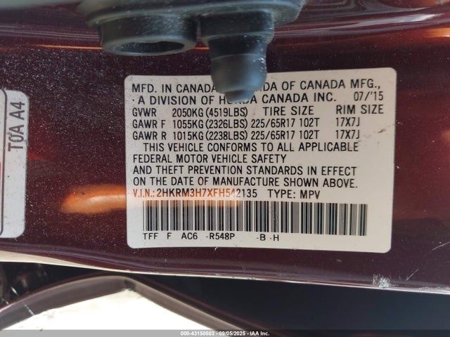 2HKRM3H7XFH542135 Honda k24w9